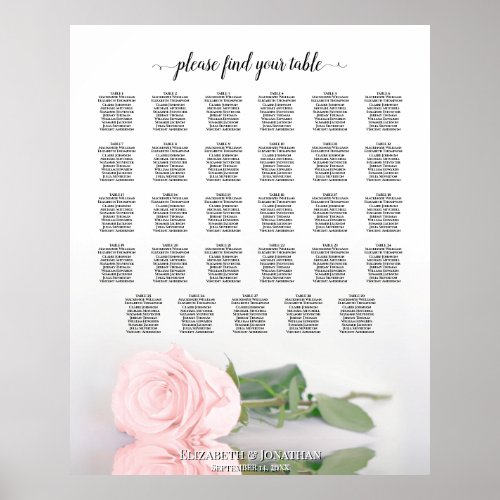 Elegant Pink Rose 29 Table Wedding Seating Chart