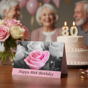 Elegant Pink Rose 80th Birthday, Floral Milestone  Card