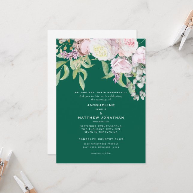 Elegant Pink Rose and Eucalyptus Emerald Green Invitation (Front/Back In Situ)