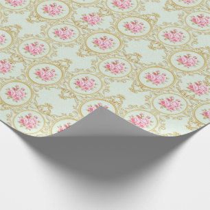 Elegant Pink Rose and Gold Baroque Frame Wrapping Paper