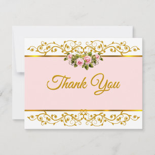 Elegant Pink Rose and Gold Floral Thank You Note Card