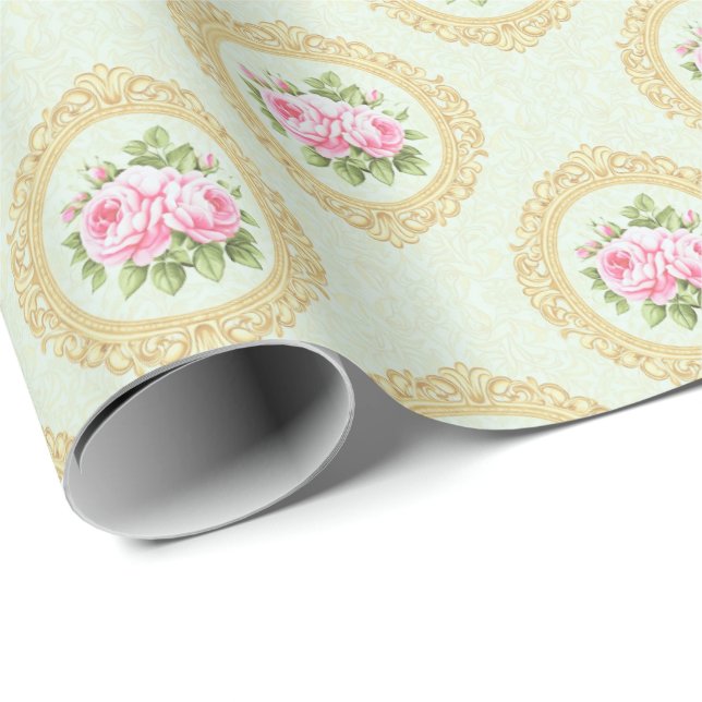 Elegant Pink Rose and Gold Frame Wrapping Paper (Roll Corner)