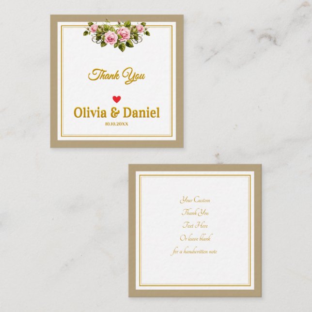 Elegant Pink Rose and Gold Script Thank You Note Card (Front/Back)