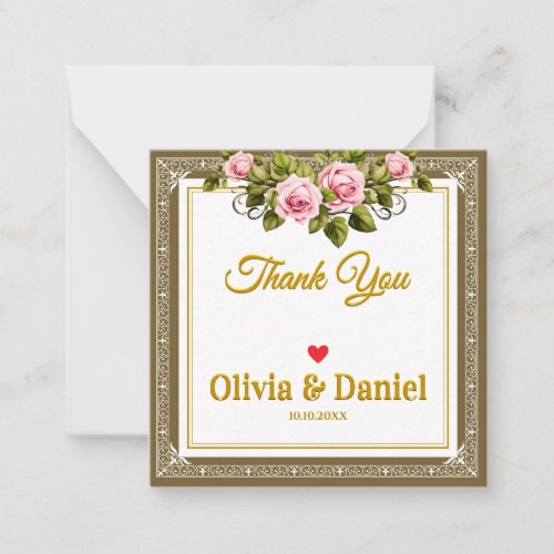 Elegant Pink Rose and Gold Script Thank You Note Card