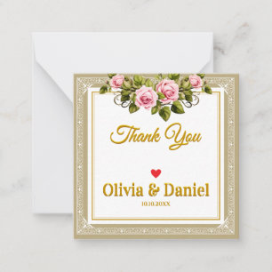 Elegant Pink Rose and Gold Script Thank You Note Card