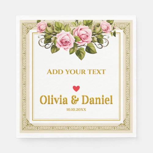 Elegant Pink Rose and Gold Script Wedding Napkins
