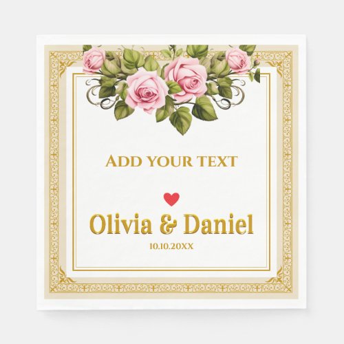 Elegant Pink Rose and Gold Script Wedding Napkins