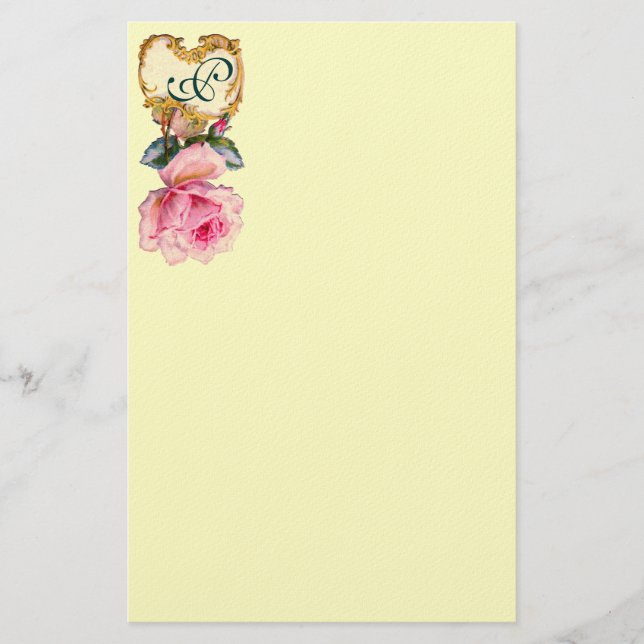 ELEGANT PINK ROSE AND GOLD SWIRLS MONOGRAM ,Cream Stationery (Front)