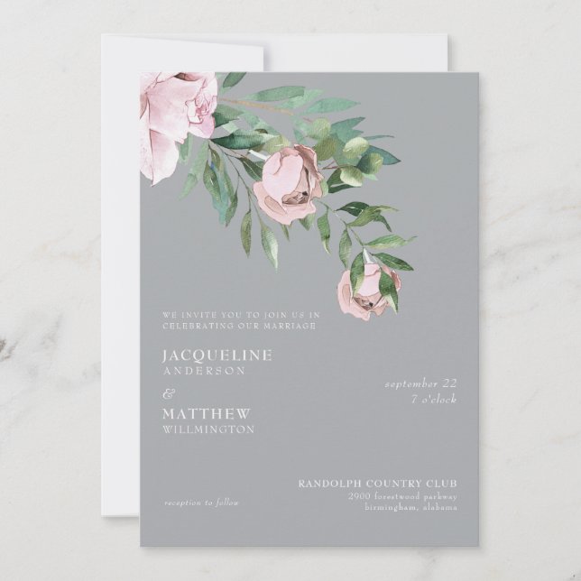 Elegant Pink Rose and Grey No Parents Wedding Invitation (Front)