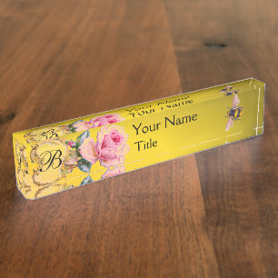 ELEGANT PINK ROSE AND HONEY BEE BEEKEEPER MONOGRAM DESK NAME PLATE