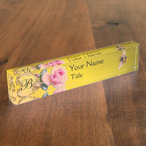 ELEGANT PINK ROSE AND HONEY BEE BEEKEEPER MONOGRAM DESK NAME PLATE