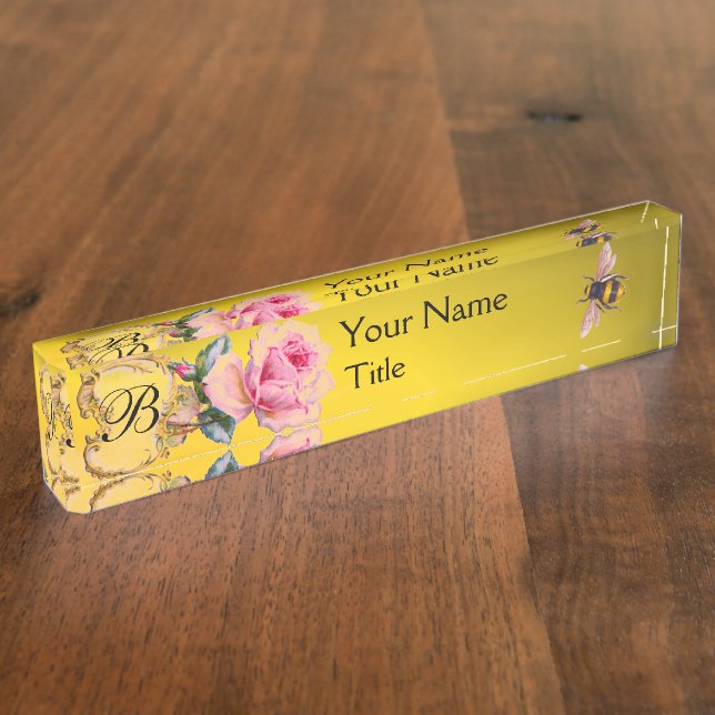 ELEGANT PINK ROSE AND HONEY BEE BEEKEEPER MONOGRAM DESK NAME PLATE (Side)