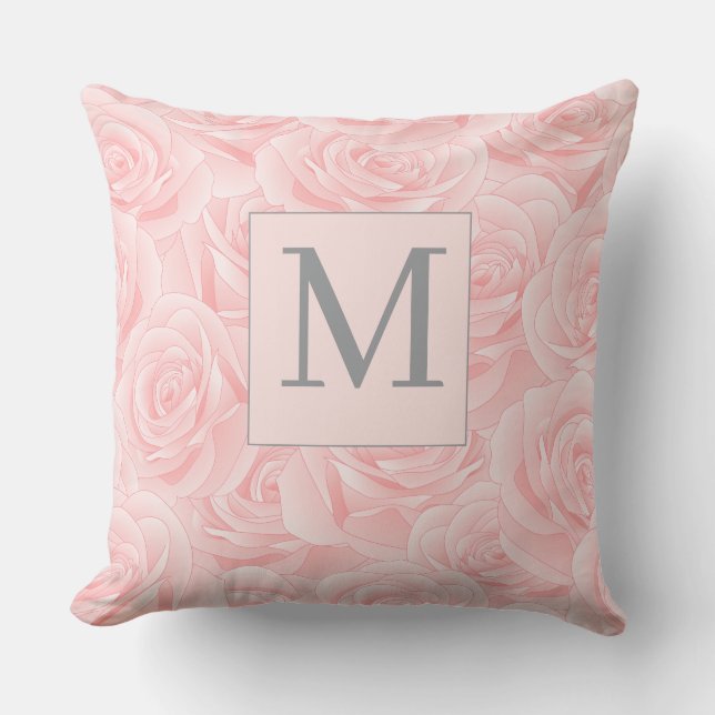 Elegant Pink Rose and Monogram Initial  Throw Pillow (Front)