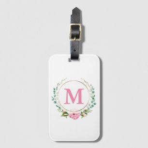 Elegant Pink Rose and Monogram with Floral Wreath Luggage Tag