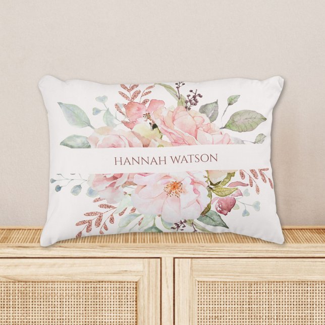 Elegant Pink Rose and Peony Floral Bouquet  Accent Pillow (In situ)