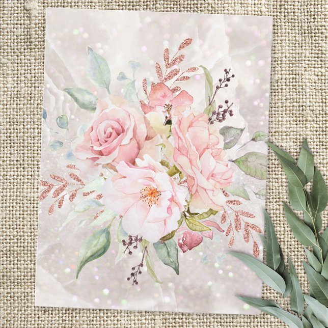 Elegant Pink Rose and Peony Floral Marble  Postcard (In situ)