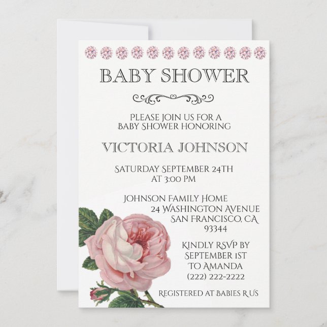 Elegant Pink Rose Baby Girl Shower Invitations (Front)