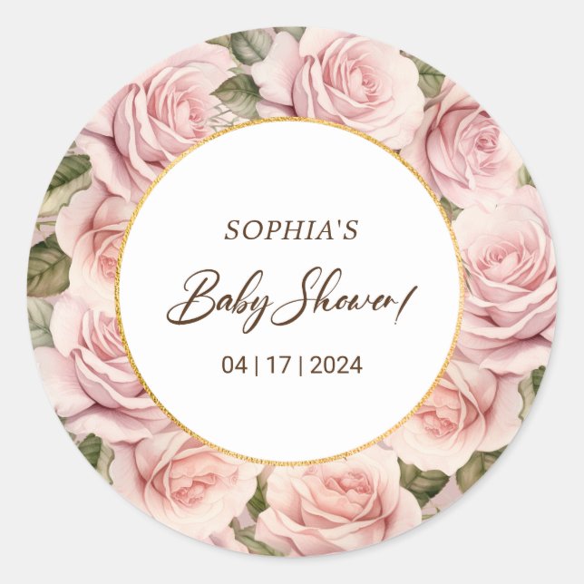Elegant Pink Rose Baby Shower Classic Round Sticker (Front)