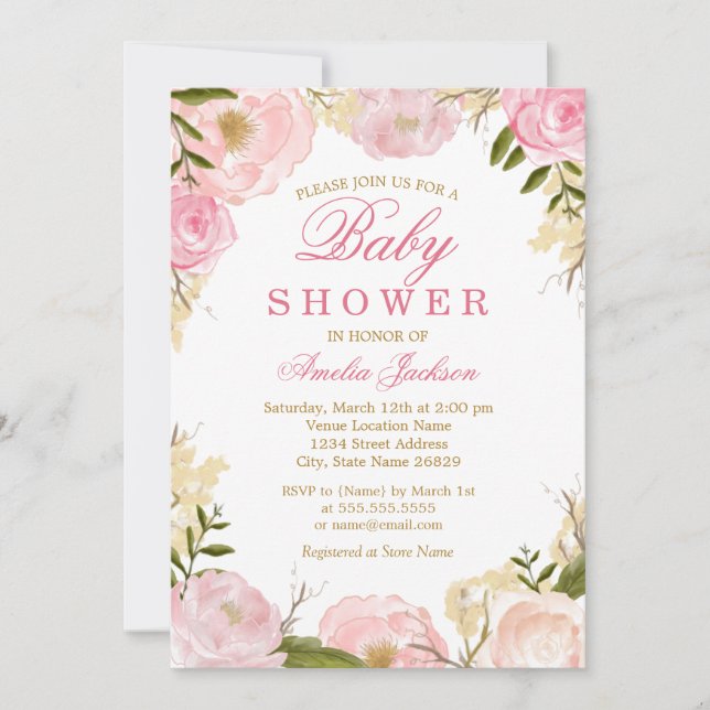 Elegant Pink Rose Baby Shower Invitation (Front)
