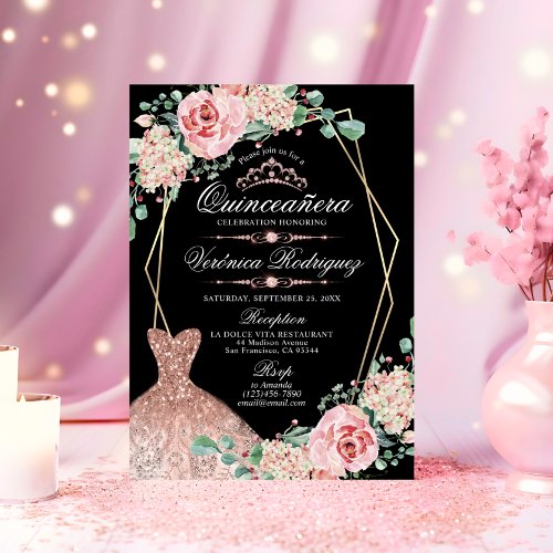 Elegant Pink Rose Black Quinceaera Quince Tiara Invitation