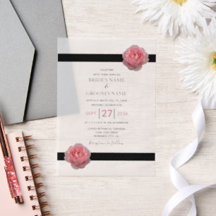 Elegant Pink Rose Black Ribbon Wedding Invitations