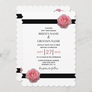 Elegant Pink Rose Black Ribbon Wedding Invitations