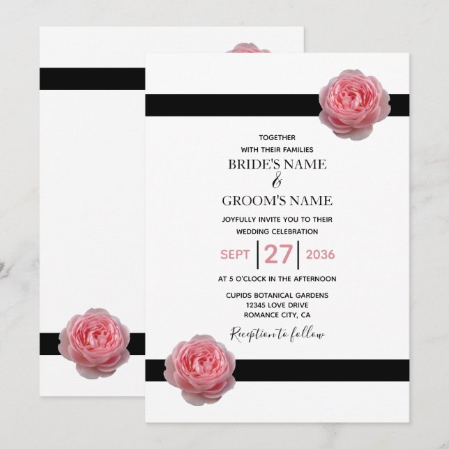 Elegant Pink Rose Black Ribbon Wedding Invitations (Front/Back)