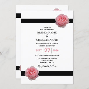 Elegant Pink Rose Black Ribbon Wedding Invitations
