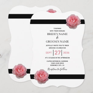 Elegant Pink Rose Black Ribbon Wedding Invitations
