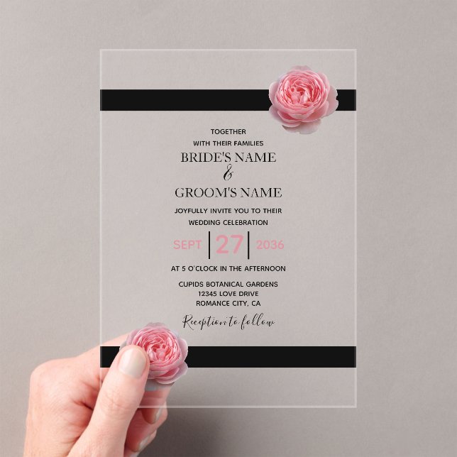 Elegant Pink Rose Black Ribbon Wedding Invitations (Insitu (Handheld))