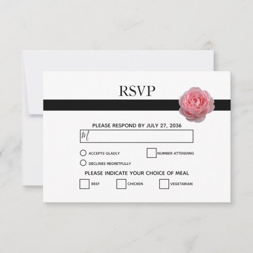 Elegant Pink Rose Black Ribbon Wedding RSVP Cards