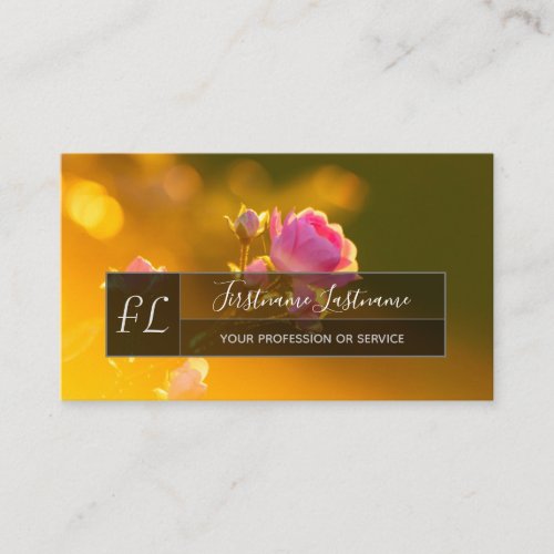 Elegant pink rose blossom gray rectangle monogram  business card