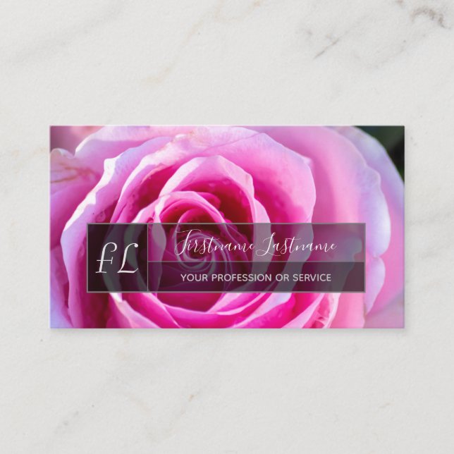 Elegant pink rose blossom gray rectangle monogram  business card (Front)