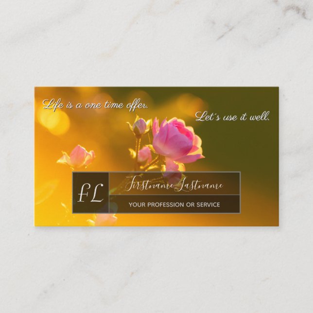 Elegant pink rose blossom gray rectangle monogram  business card (Front)