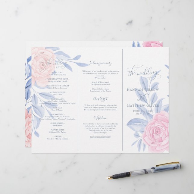 Elegant Pink Rose Blue Minimalist Wedding Ceremony (Front/Back In Situ)
