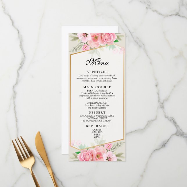 Elegant Pink Rose Border Wedding Menu (Front/Back In Situ)