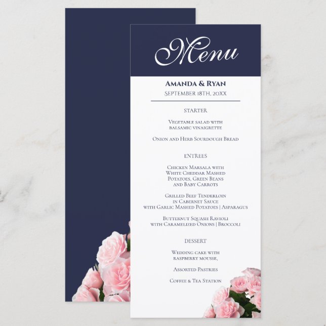 Elegant Pink Rose Bouquet Floral Wedding Menu (Front/Back)