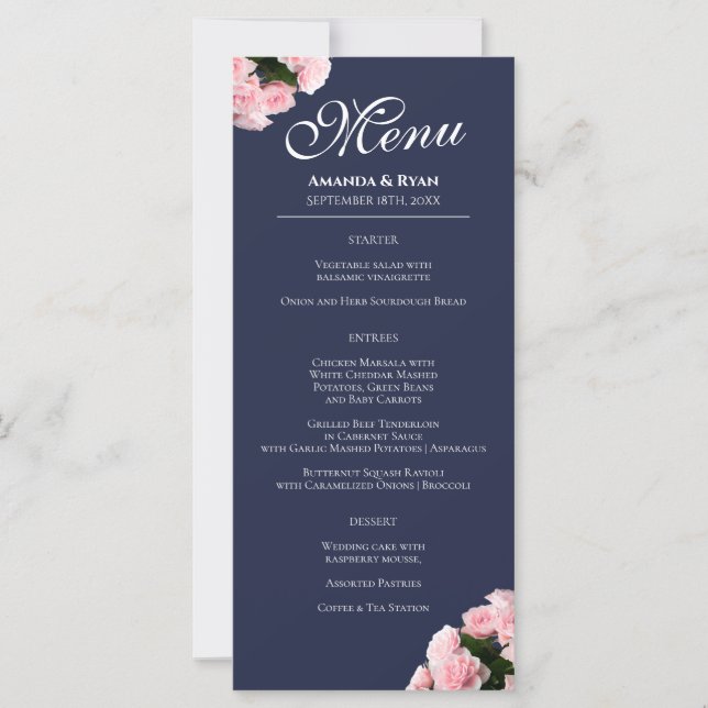 Elegant Pink Rose Bouquet Floral Wedding Menu (Front)