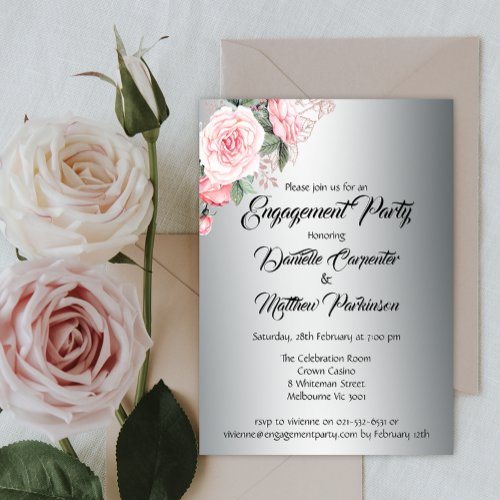 Elegant Pink Rose Bouquet on Silver Engagement Invitation