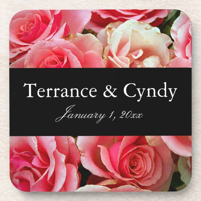 Elegant Pink Rose Bouquet Personalize Coaster (Front)