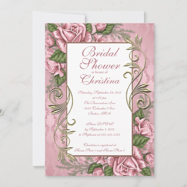 Elegant Pink Rose Bridal Shower invitations (Front)