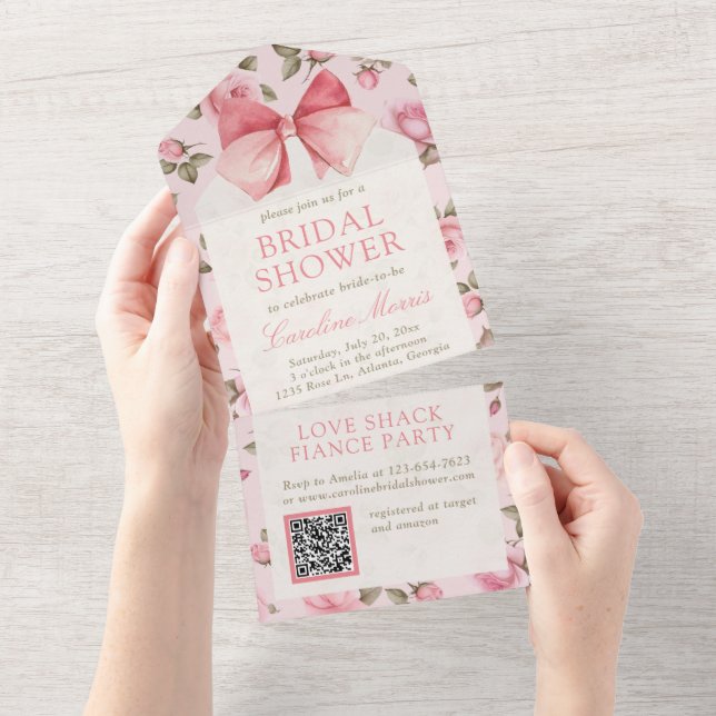 Elegant Pink Rose Bridal Shower Party All In One Invitation (Tearaway)
