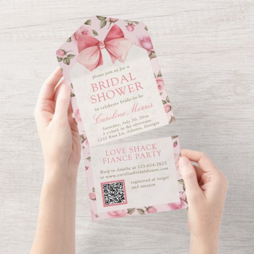 Elegant Pink Rose Bridal Shower Party All In One Invitation