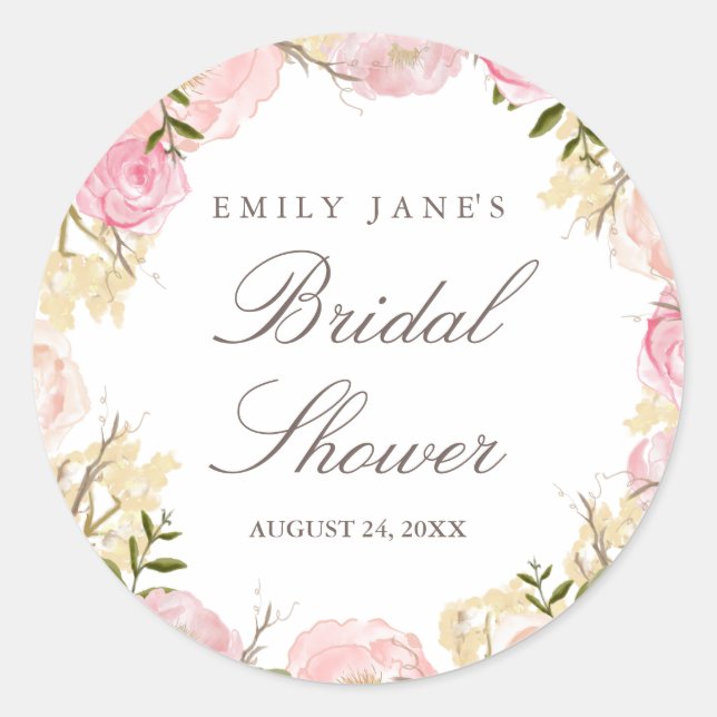 Elegant Pink Rose Bridal Shower Sticker (Front)
