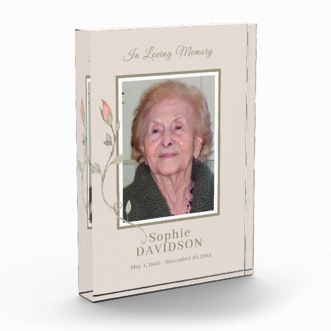 Elegant Pink Rose Bud, Loved One Acrylic Memorial Acrylic Award (Left)