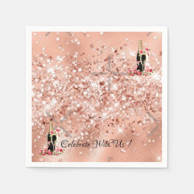 Elegant Pink Rose Champagne Party Cocktail Napkins (Front)