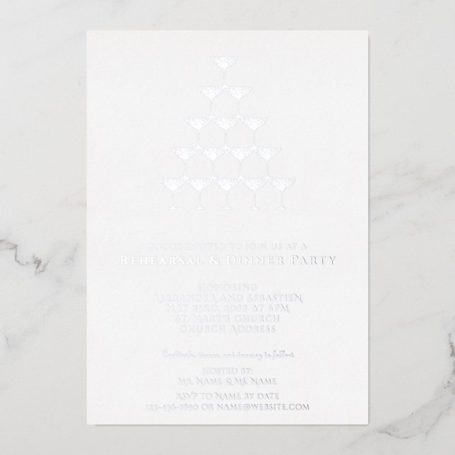 Elegant Pink Rose Champagne Tower Rehearsal Dinner Foil Invitation (Front)