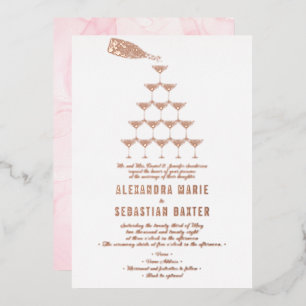 Elegant Pink Rose Champagne Tower Script Wedding Foil Invitation