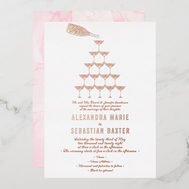Elegant Pink Rose Champagne Tower Script Wedding Foil Invitation (Front/Back)