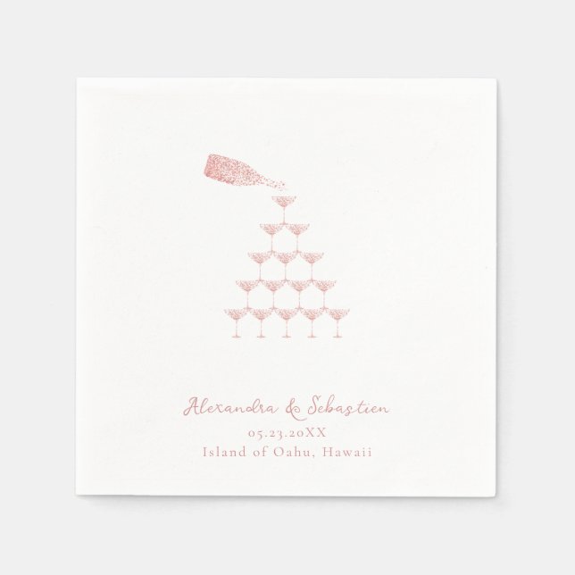 Elegant Pink Rose Champagne Tower Script Wedding Napkins (Front)